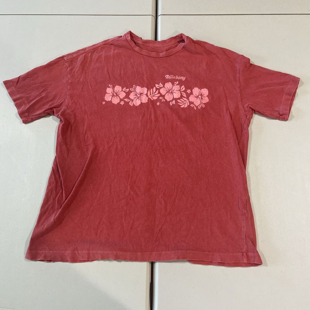 Billabong Shirt Medium Adult Red Graphic Floral Short Sleeve Logo Womens M